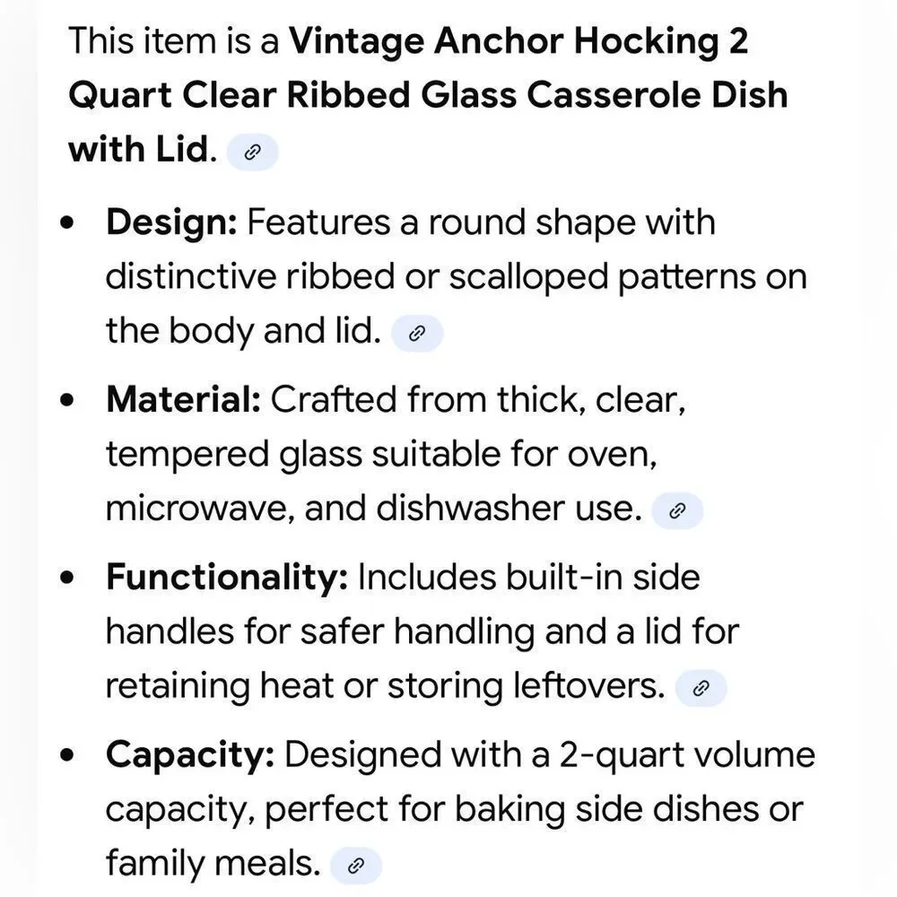 Anchor Hocking 2 Qt Glass Round Ribbed Baking Dish & Lid Handles 9X4 In Vintage